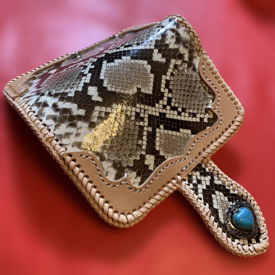 ハンドメイドレザークラフトダイヤモンドパイソンミドルウォレットヌメ革牛レース編み