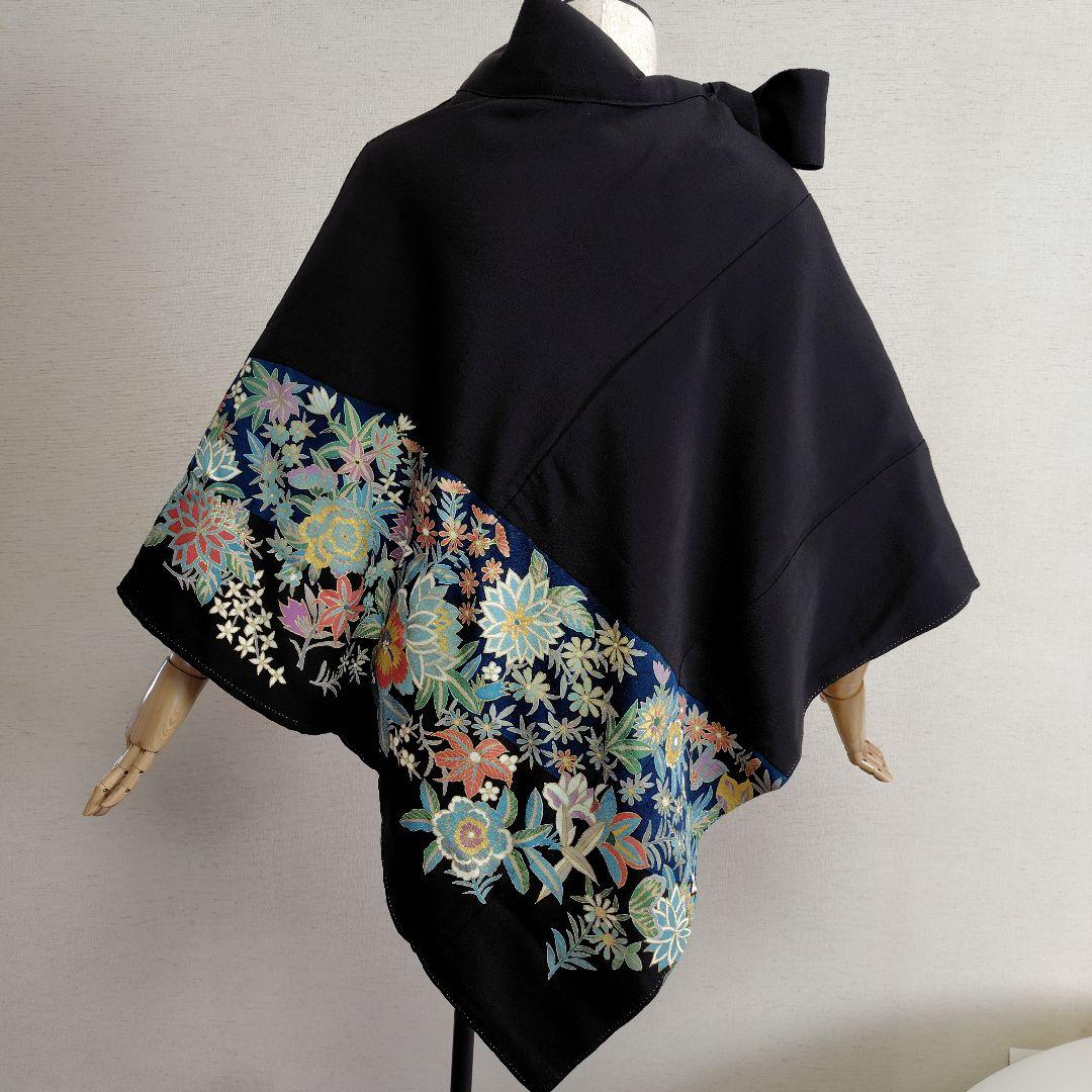 着物リメイク　ケープポンチョ　黒留袖　鳥植物柄　オープンファスナー　男女兼用