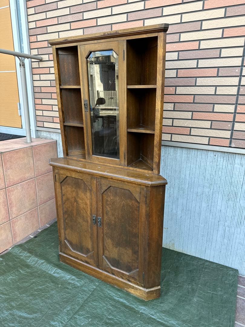 【コーナーキャビネット】国産木製　飾り棚　収納棚　面取りガラス　昭和レトロ◎