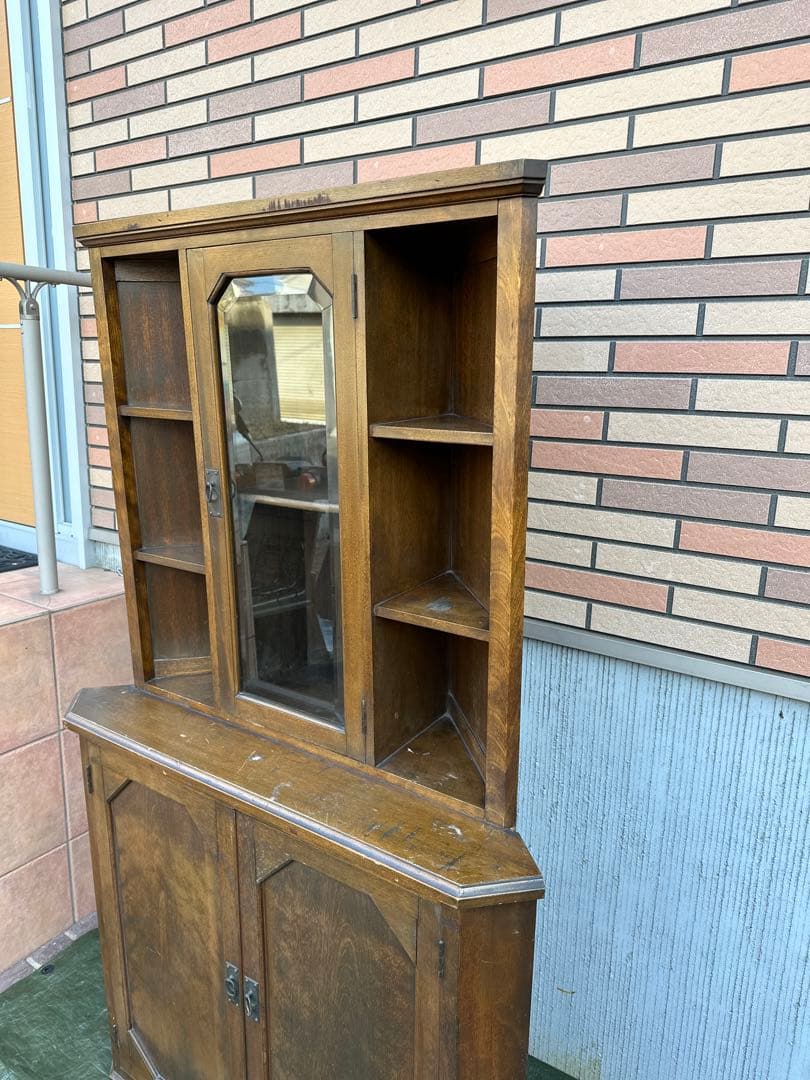 【コーナーキャビネット】国産木製　飾り棚　収納棚　面取りガラス　昭和レトロ◎