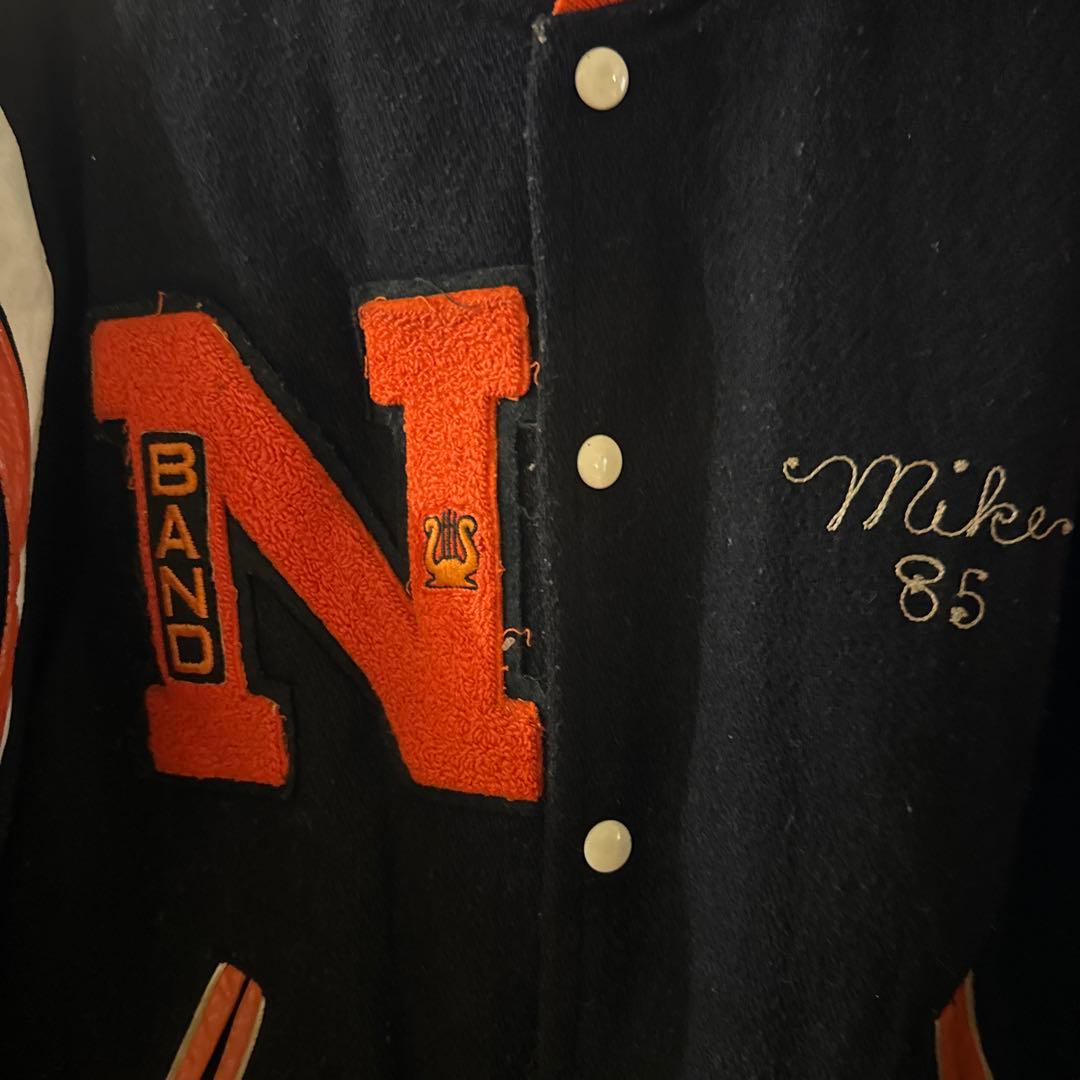 ヴィンテージスクールジャケット　ウール　レザー切替 チェーンステッチ刺繍 XL