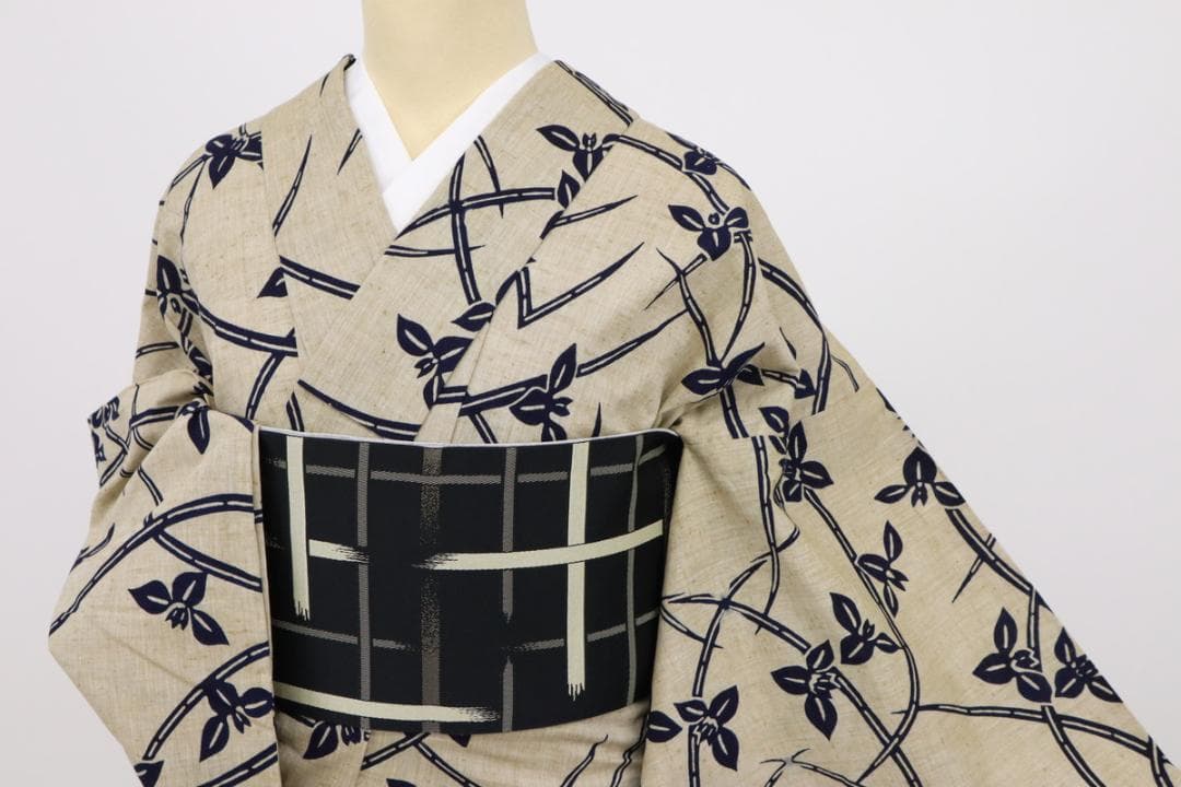 《浴衣■綿紬◆菖蒲の花模様■ベージュ◆木綿■◆夏着物◆US7-14》