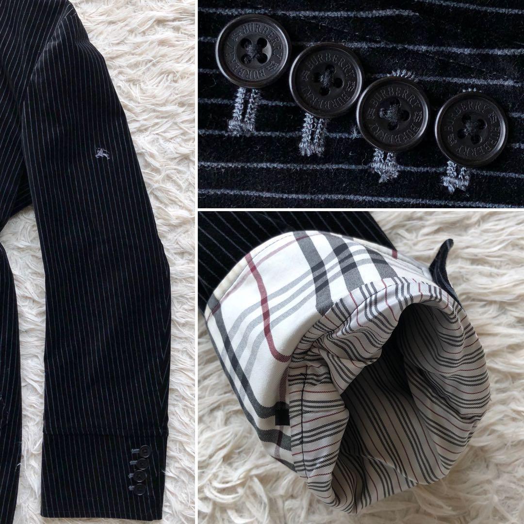 バーバリーブラックレーベル　ステンカラーコート　紺　ベロア　光沢　ホース刺繍