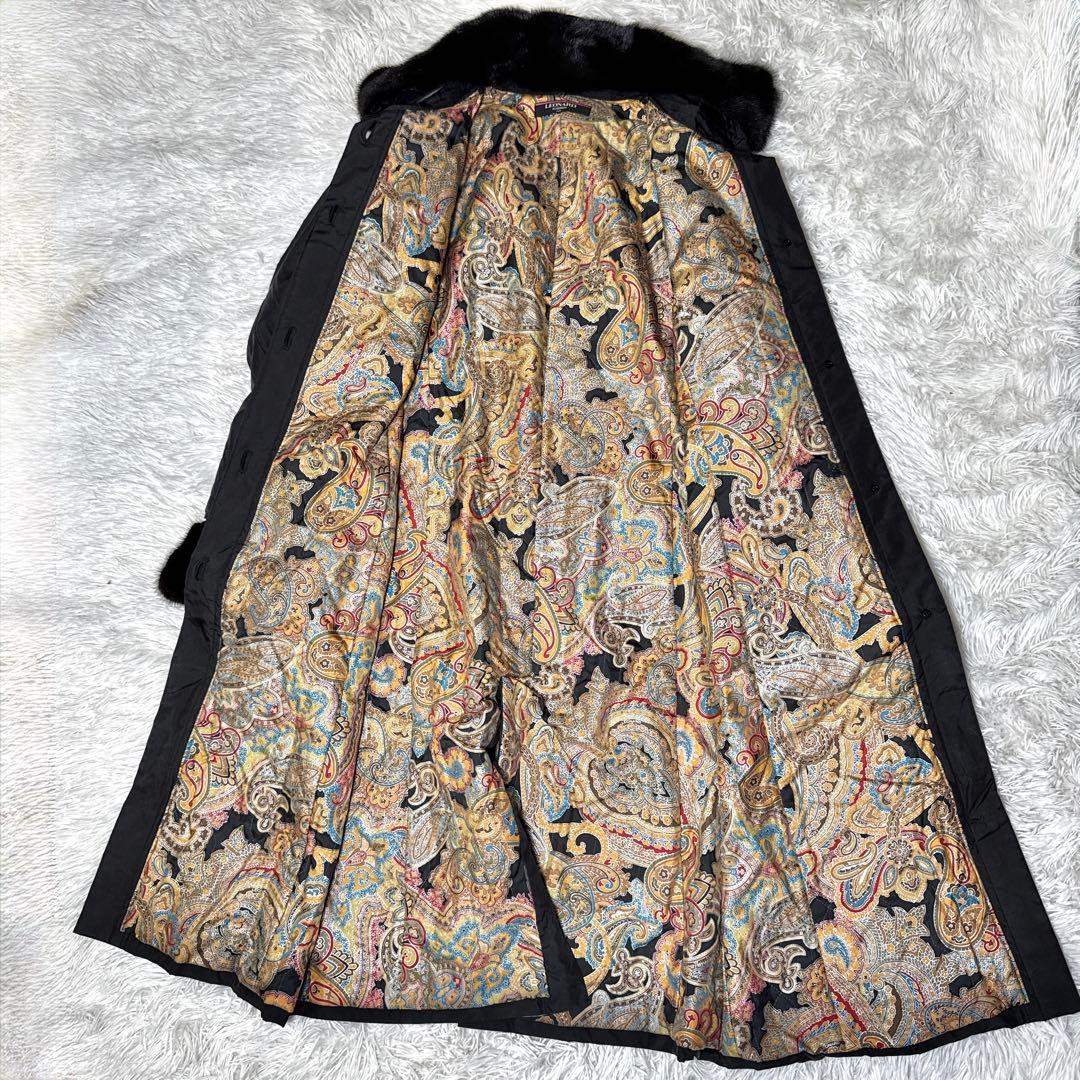 レオナール シルク100% ロングコート ミンクファー ペイズリー柄 黒 M