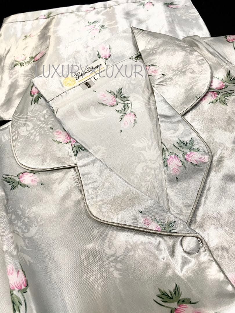 レディースL絹100%メンズネイビーXXLシルクパジャマ上下セットルームウエア