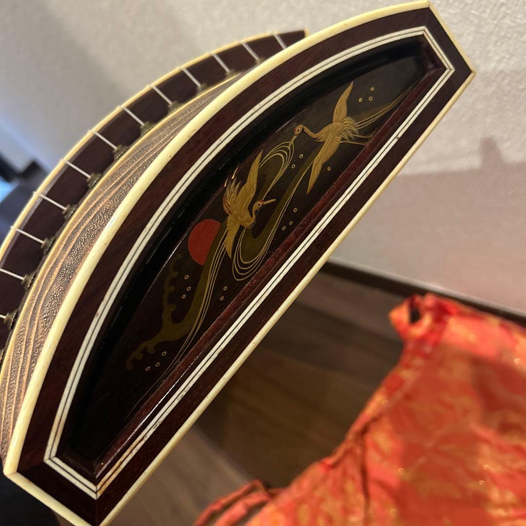 琴 箏 13弦 並甲 上角巻 蒔絵 すだれ彫 鶴 日の丸