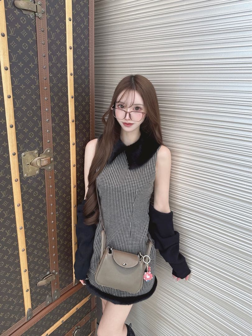 《Lumignon》ルミニョン Furcollarmicrocheckdress