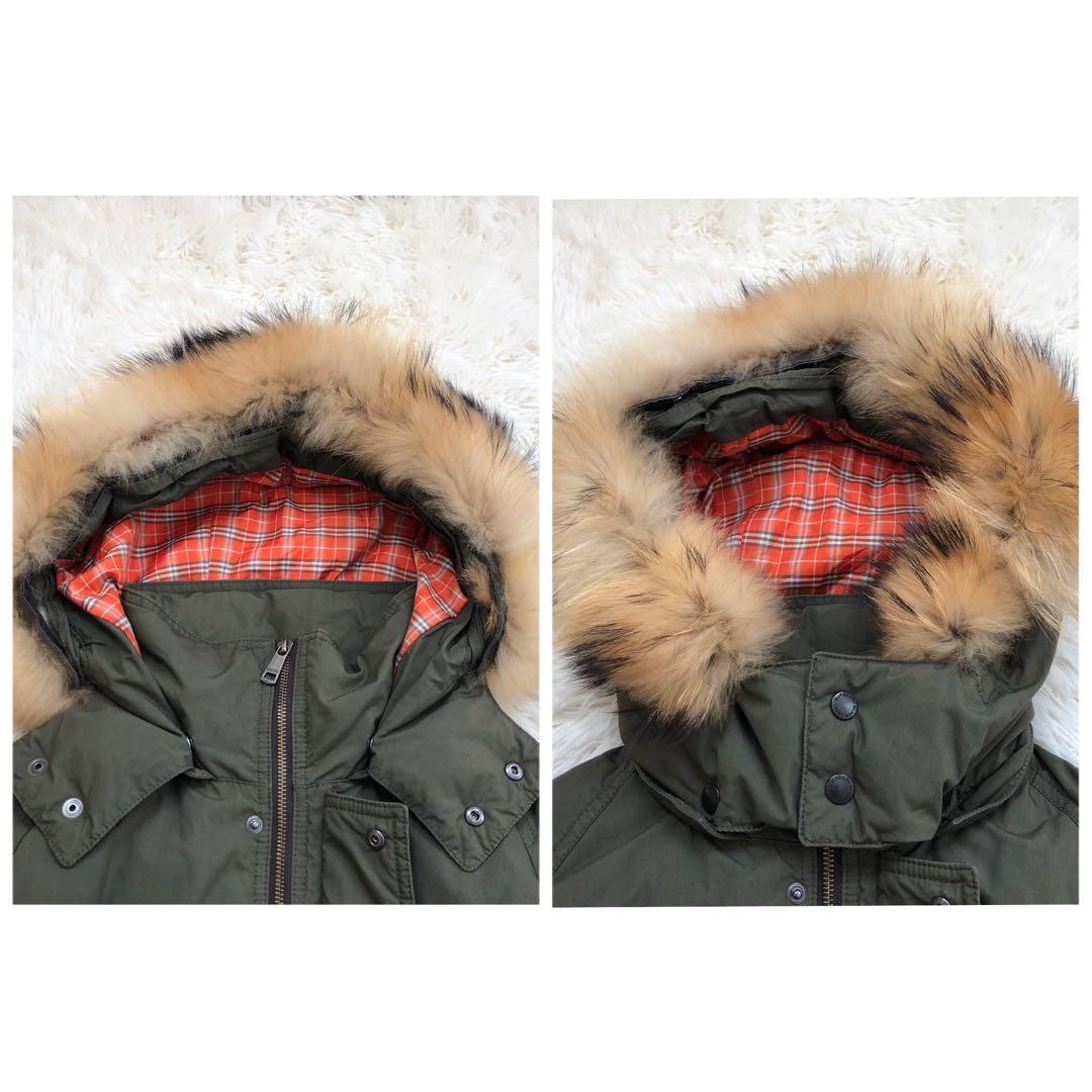 バーバリーブラックレーベル グリーン ファー　赤チェック ダウン LL