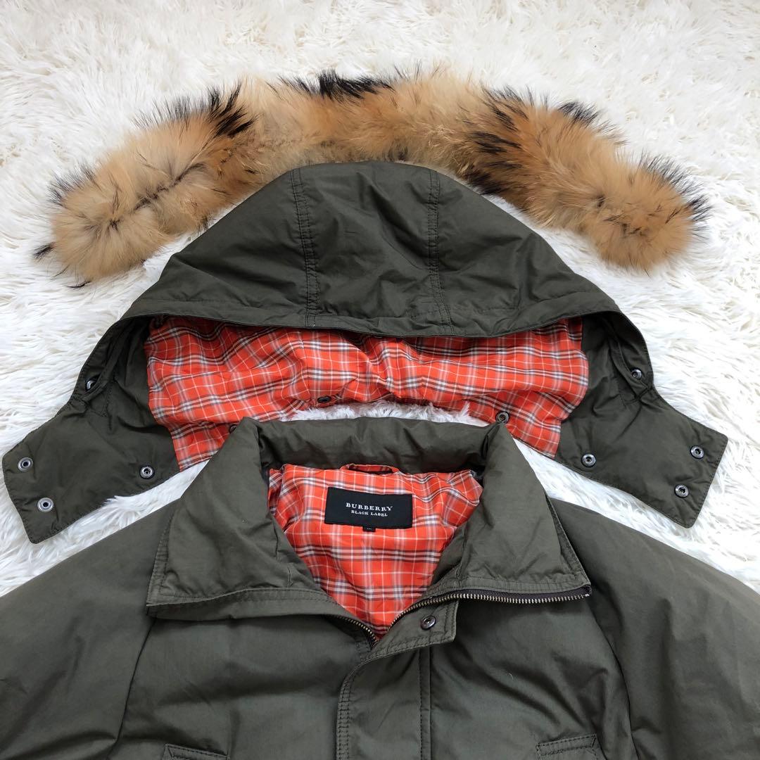 バーバリーブラックレーベル グリーン ファー　赤チェック ダウン LL