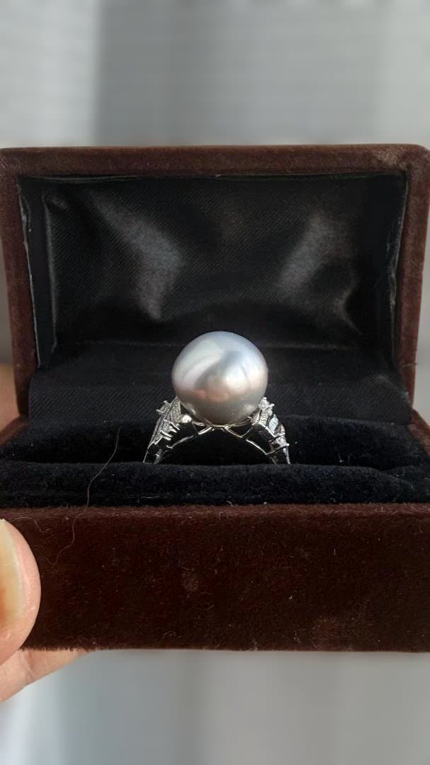 【本真珠】14mm超大珠 タヒチ黒蝶真珠 プラチナグレー リング 豪華18kGP