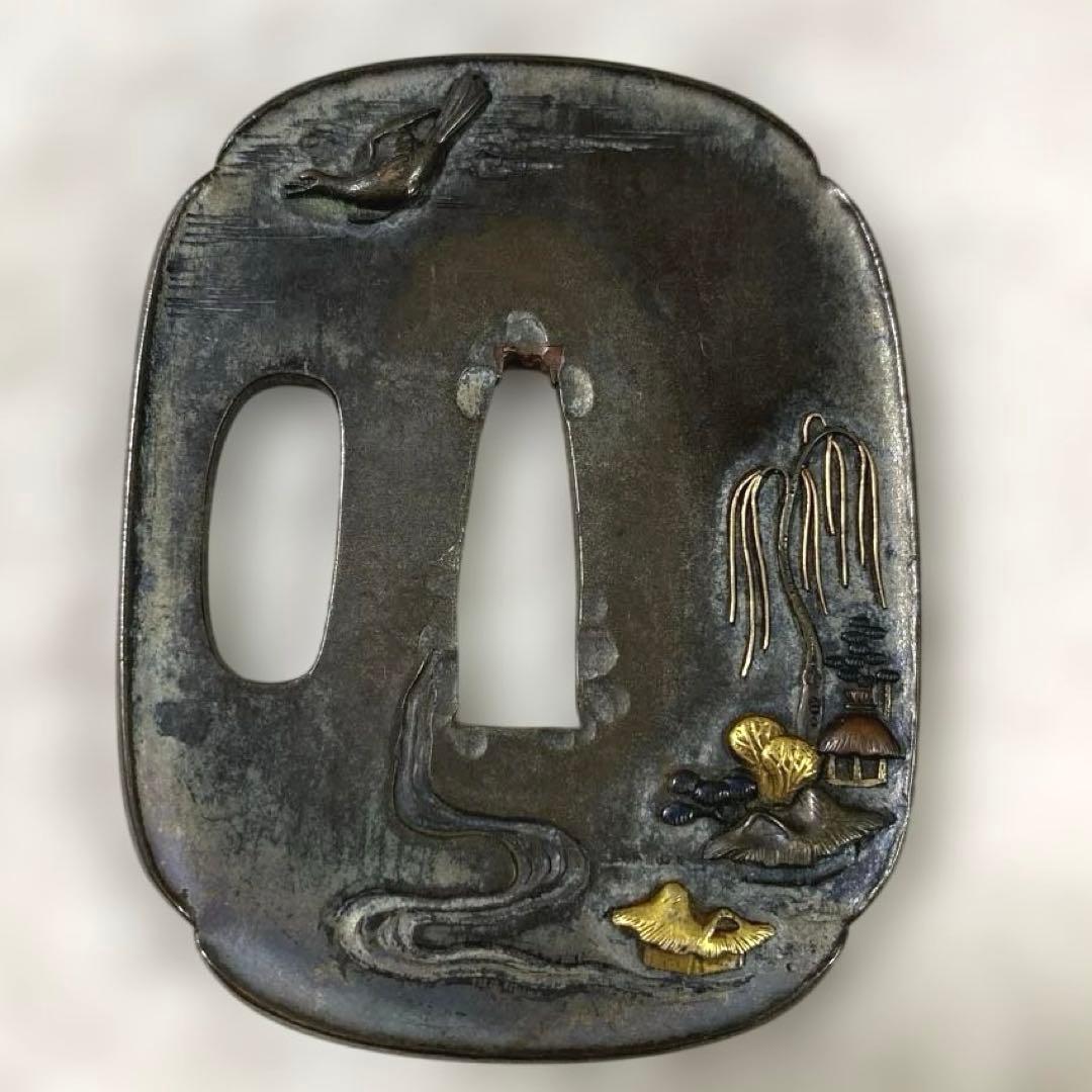 B-24 鍔　金銀象嵌　武具　刀装具　銅製　アンティーク　美術品　工芸品　装飾品