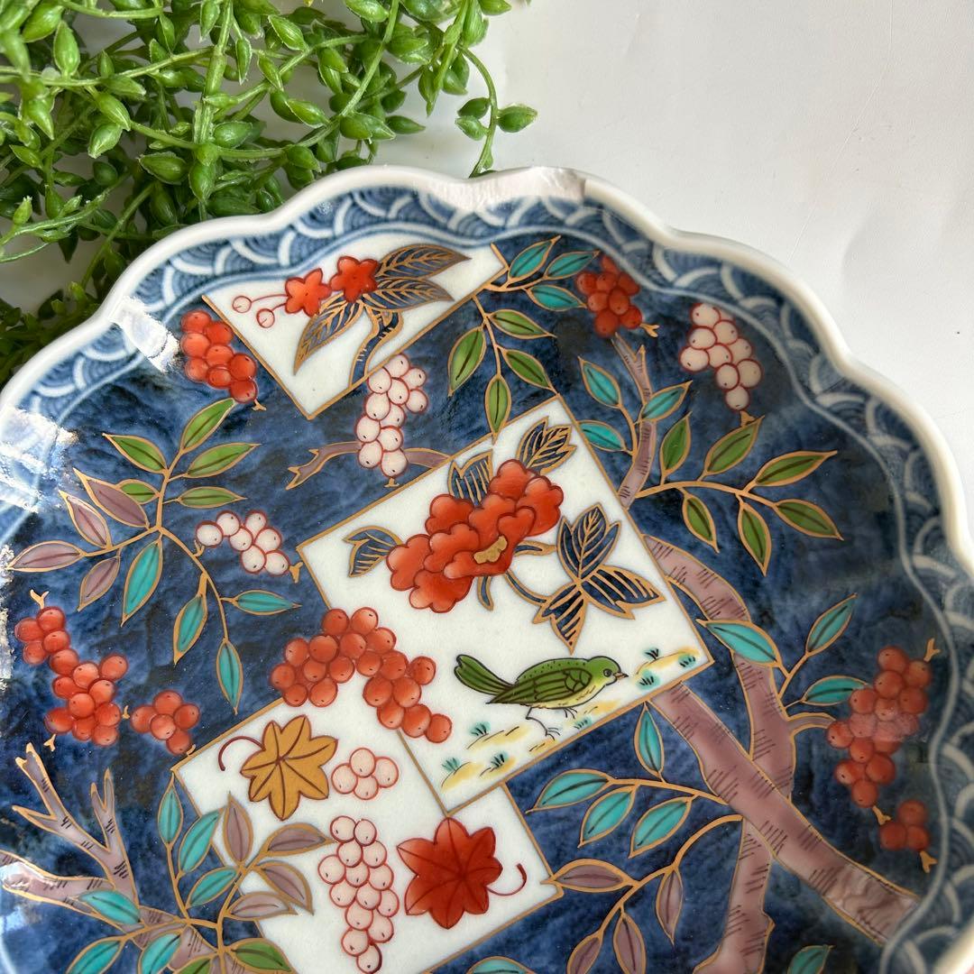 福右衛門 古伊万里 手描き 染錦 花果模様 波型皿