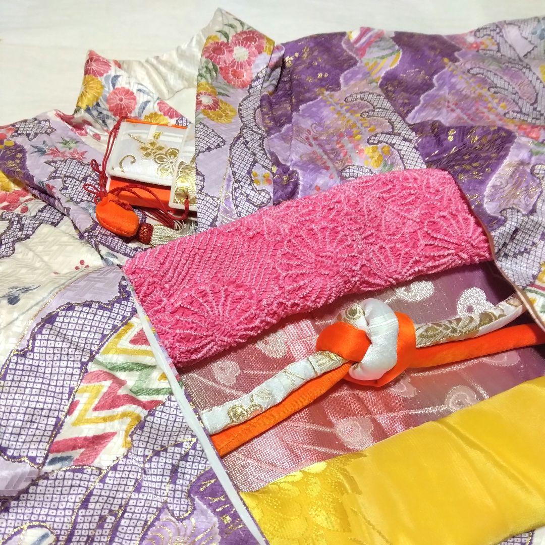 正絹綸子☆仕付け付未使用☆金彩と古典柄が上品な7歳七五三～十三参り向けお誂え祝着