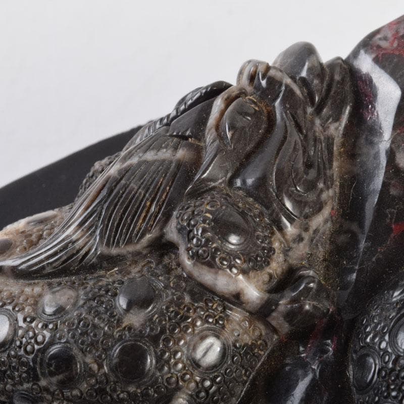 中国 玉石鶏血石彫刻 神獣 置物 唐木台付 C 9211