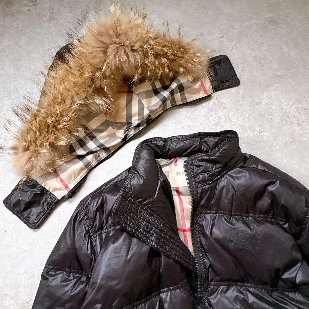 美品✨バーバリー　ノバチェック　ファー付フード 黒 ダウンジャケット　XL