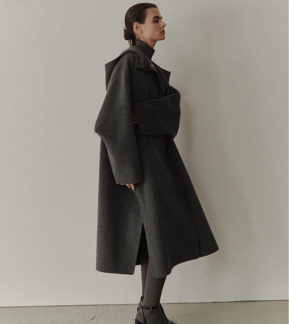 25AW♡【ルシェルブルー】フード付き ダブルフェイスロングコート グレー 36