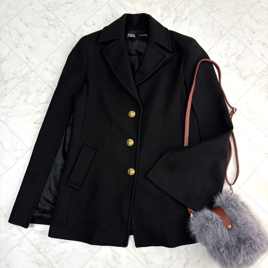 ザラ】ケープコート ポンチョ 金ボタン マンテコ ウール 完売品 黒 M