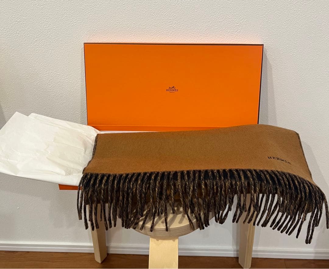 HERMES/エルメス カシミヤマフラー レクトヴェルソ　茶色　黒