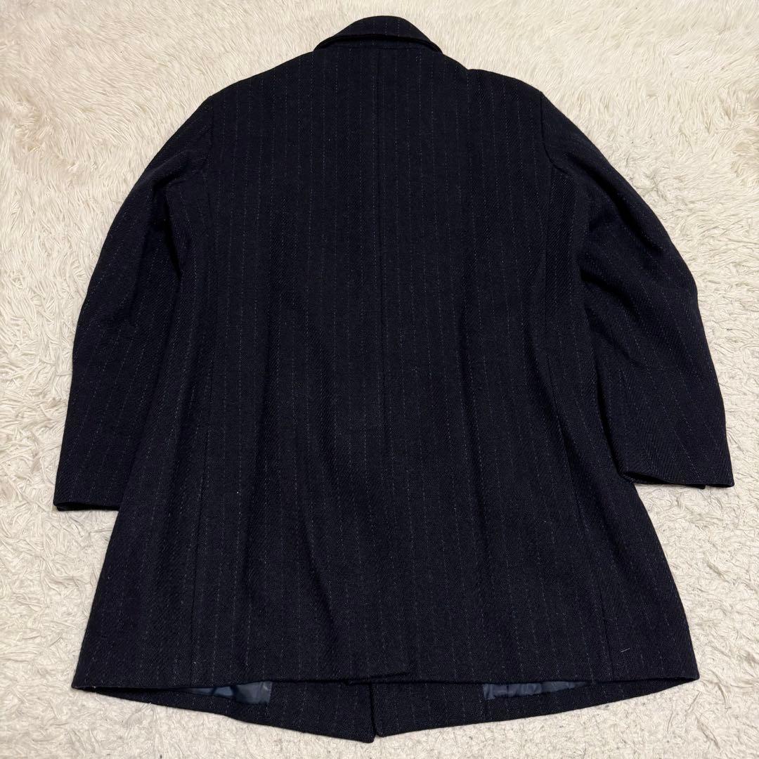 美品　ハリスツイード　ロングコート　ステンカラー　ヘリンボーン　ネイビー