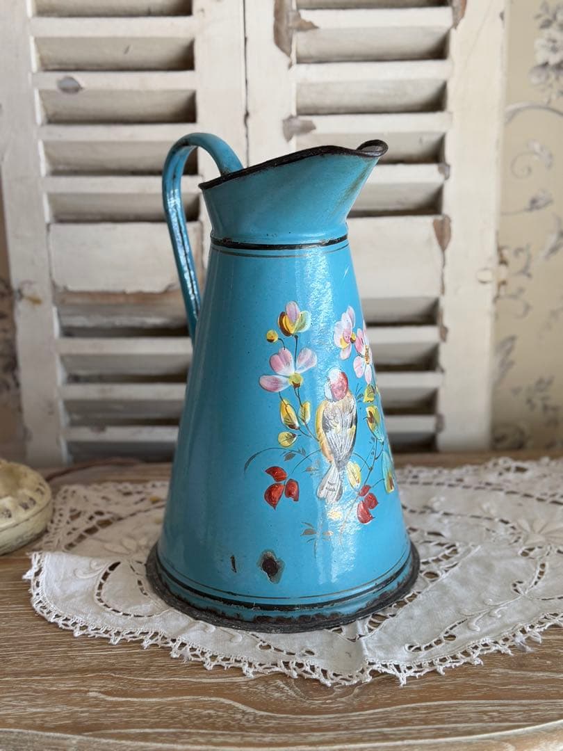 フランスアンティーク小鳥とピンクのお花ターコイズブルーのホーローピシェピッチャー