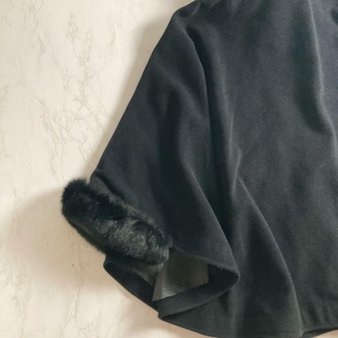 美品　フォックスファー アンゴラ混　ファー付フードポンチョ　サイズフリー　黒