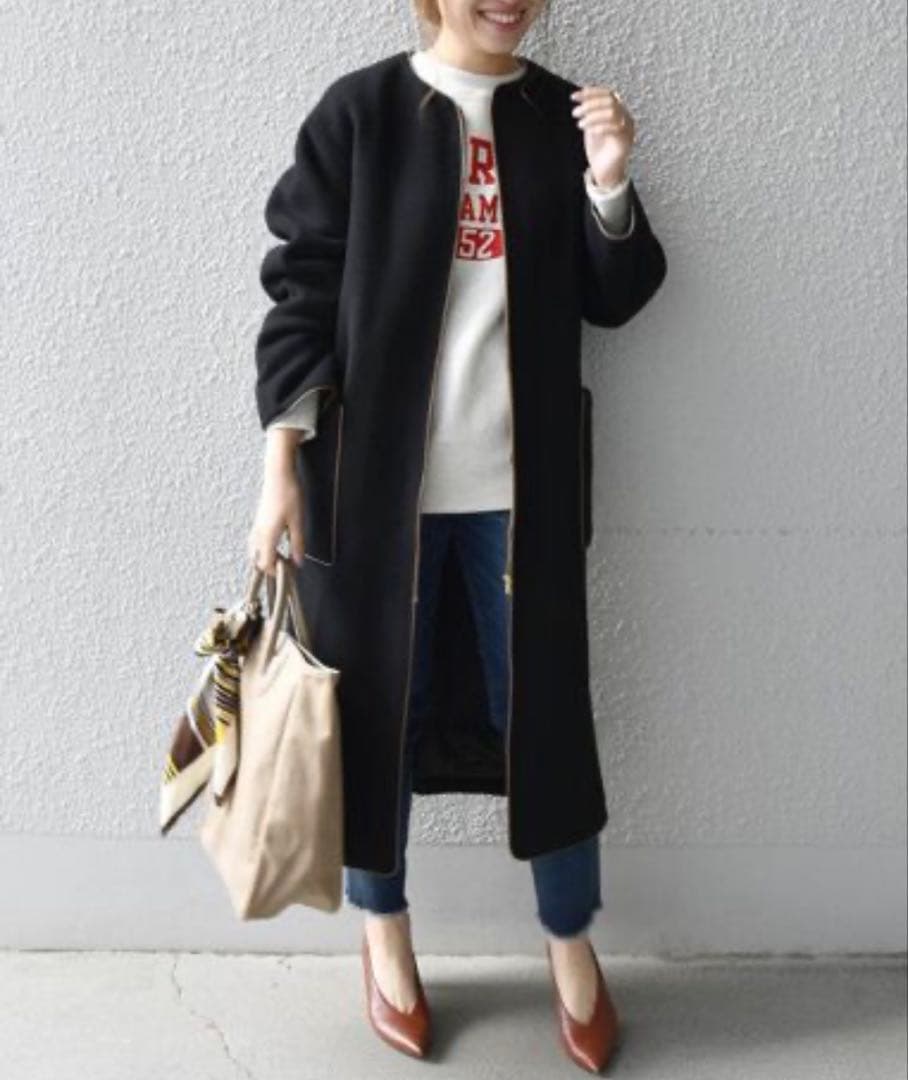 【SHIPS any】ノーカラーパイピングロングコート