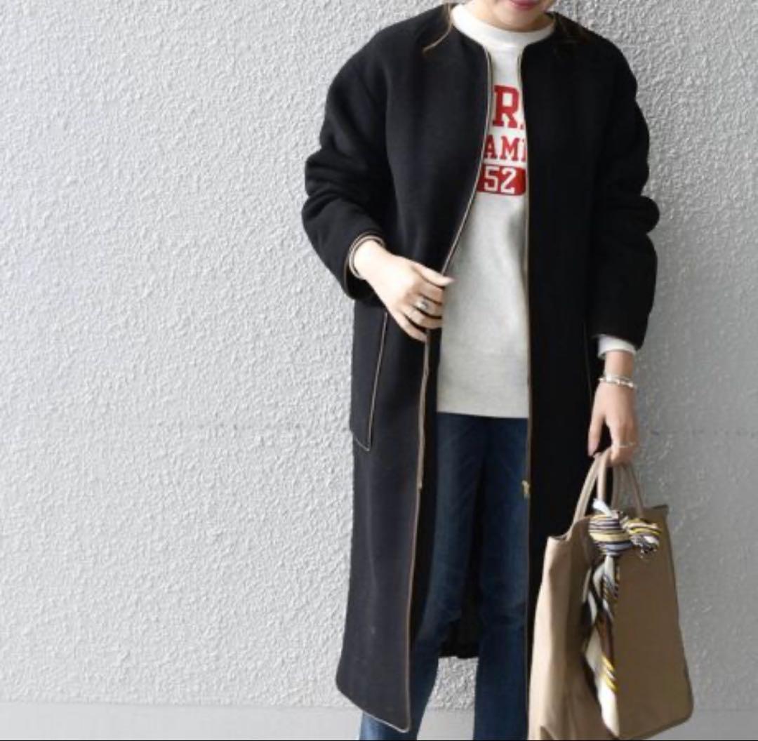 【SHIPS any】ノーカラーパイピングロングコート