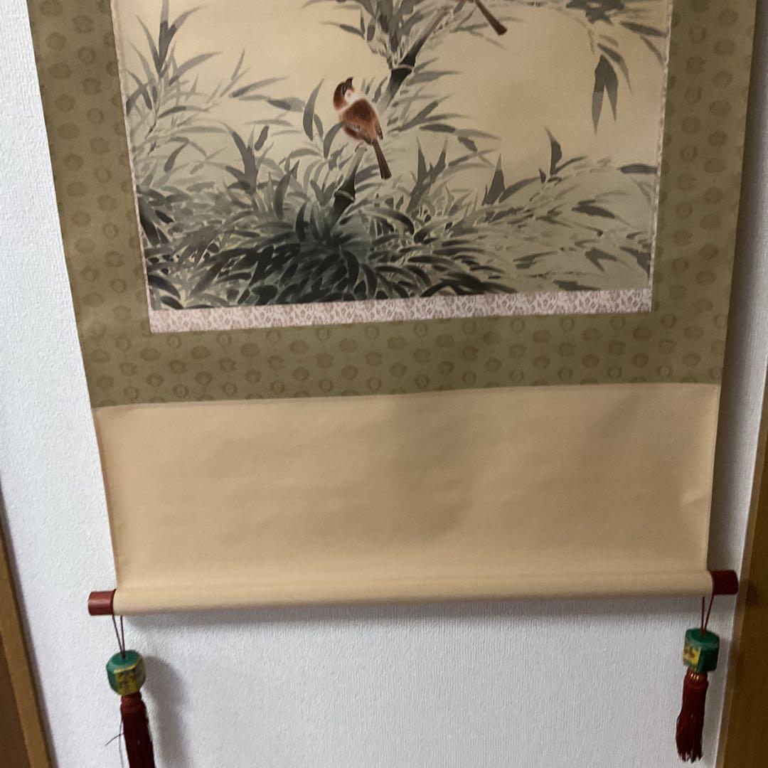 森本白蝶筆 花鳥画 絹本 彩色画 【竹に雀図 】 肉筆画 軸先紫檀