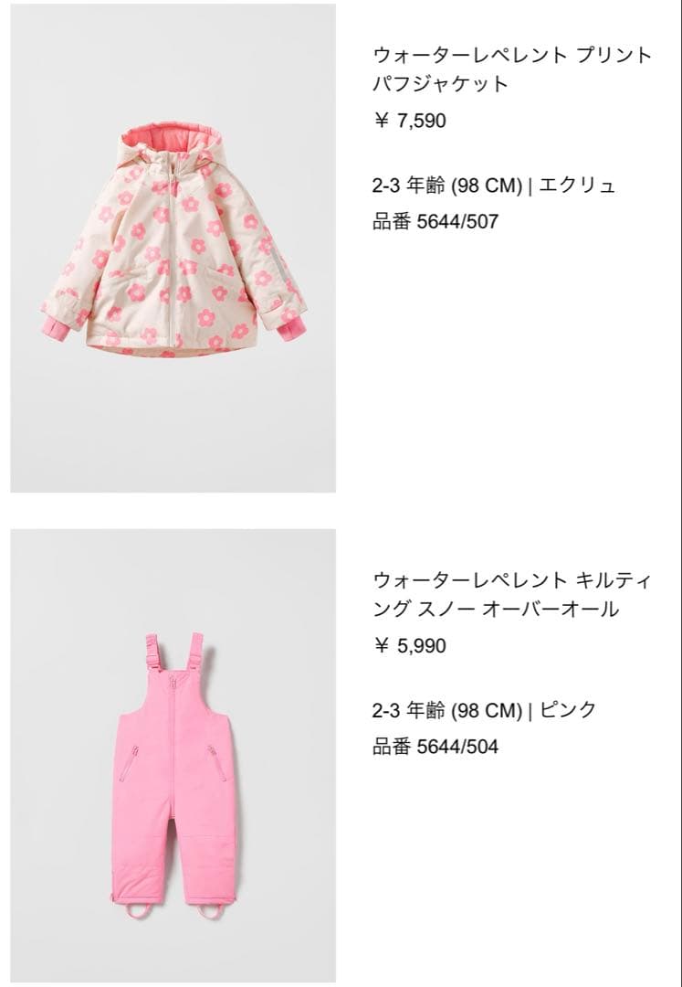 ZARA 花柄 スキーウェア 2-3歳用 上下セット