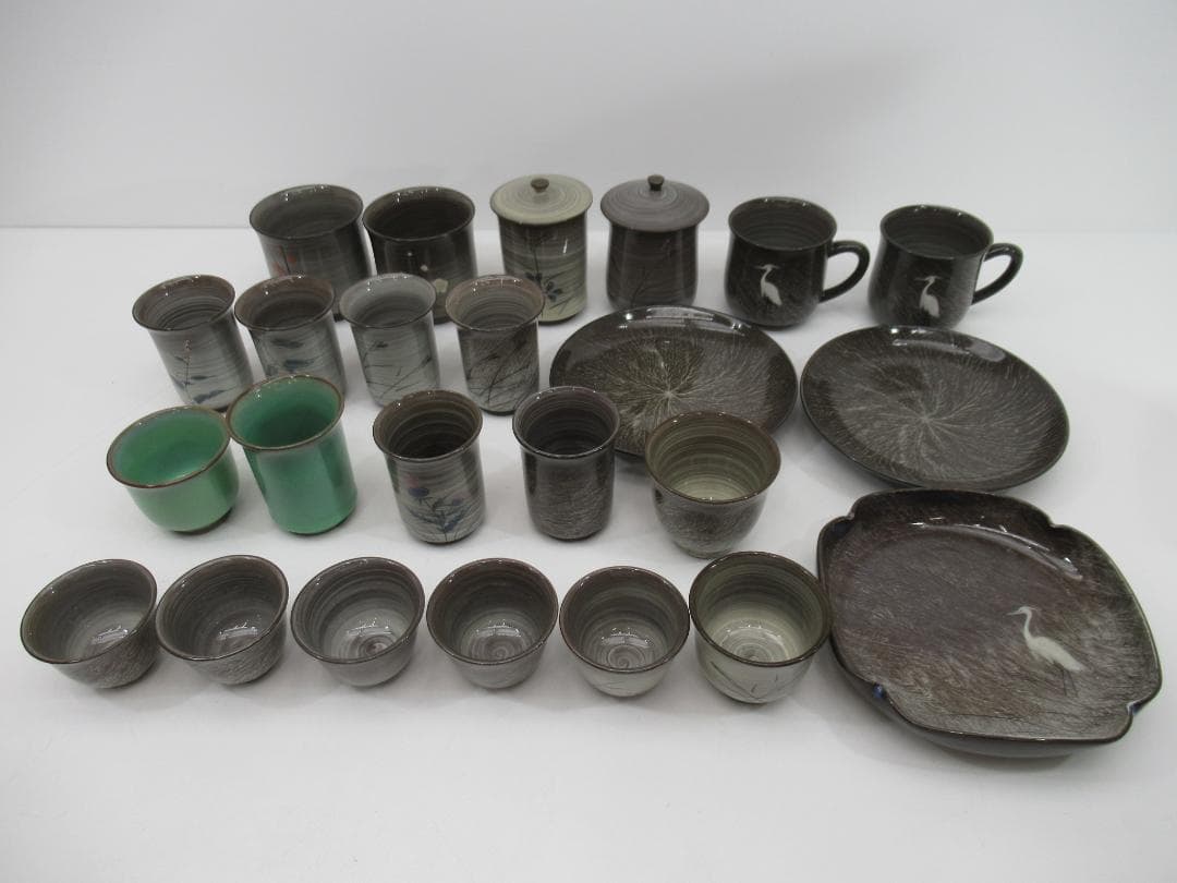 現川焼/臥牛窯 食器まとめ/珈琲碗皿/湯呑/小皿 他 N17 現川焼 臥牛窯「 サギ草朝顔型珈琲碗皿1客」 十三代横石臥牛（お