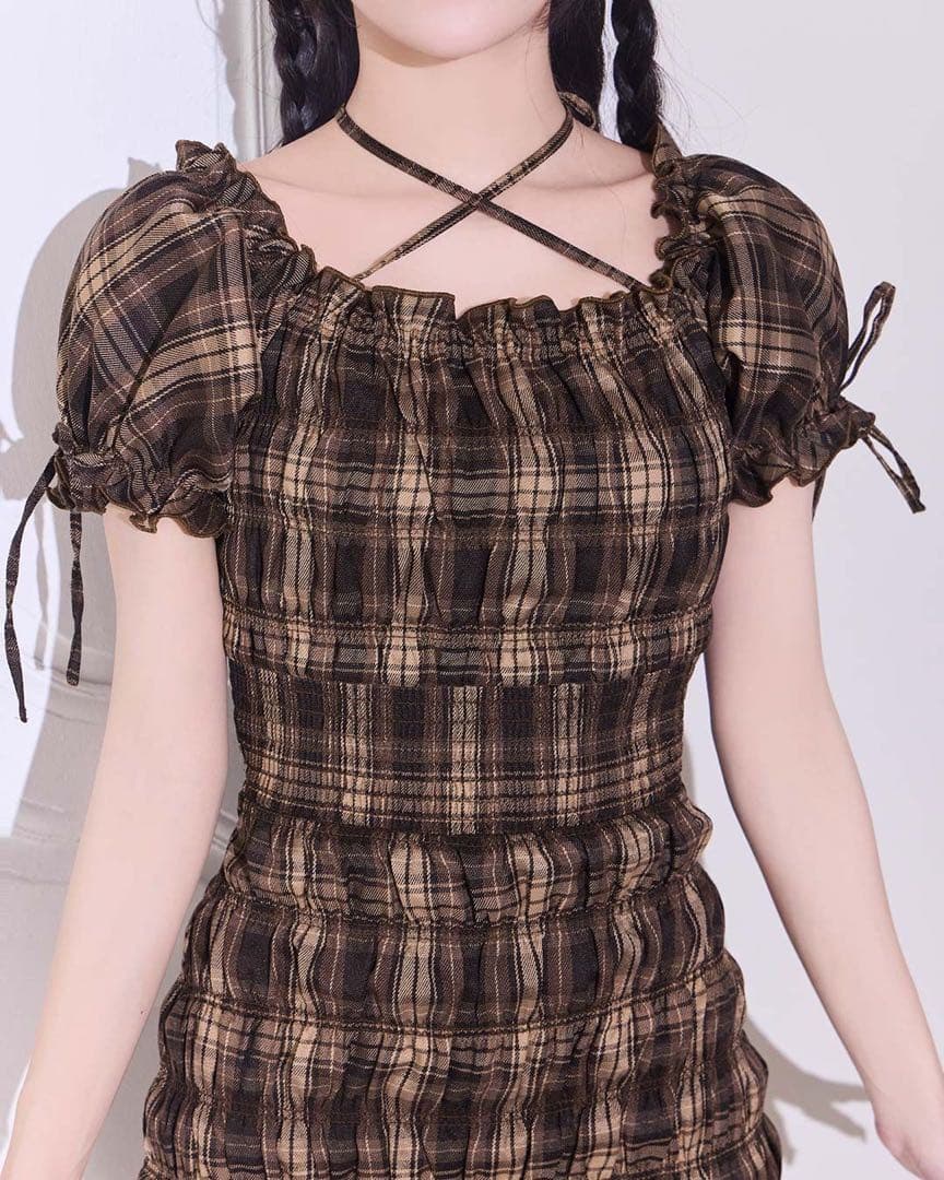 シャーリングチェックミニワンピース ブラウン フリーサイズ 半袖