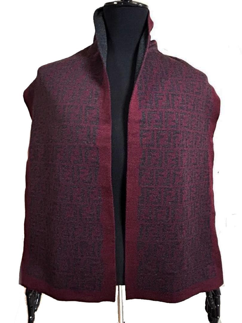 美品 フェンディ FENDI マフラー ウール FF柄 ダークグレーワインレッド