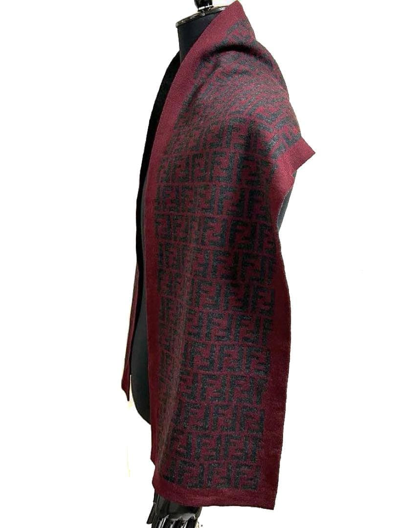 美品 フェンディ FENDI マフラー ウール FF柄 ダークグレーワインレッド