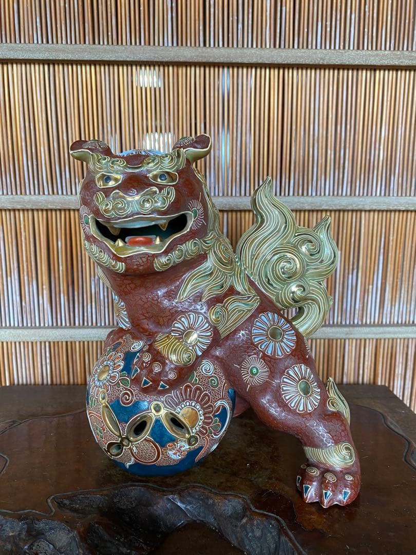 九谷焼 玉獅子 狛犬陶器 玉乗り獅子 縁起物 魔除け 置物 時代物 九谷焼