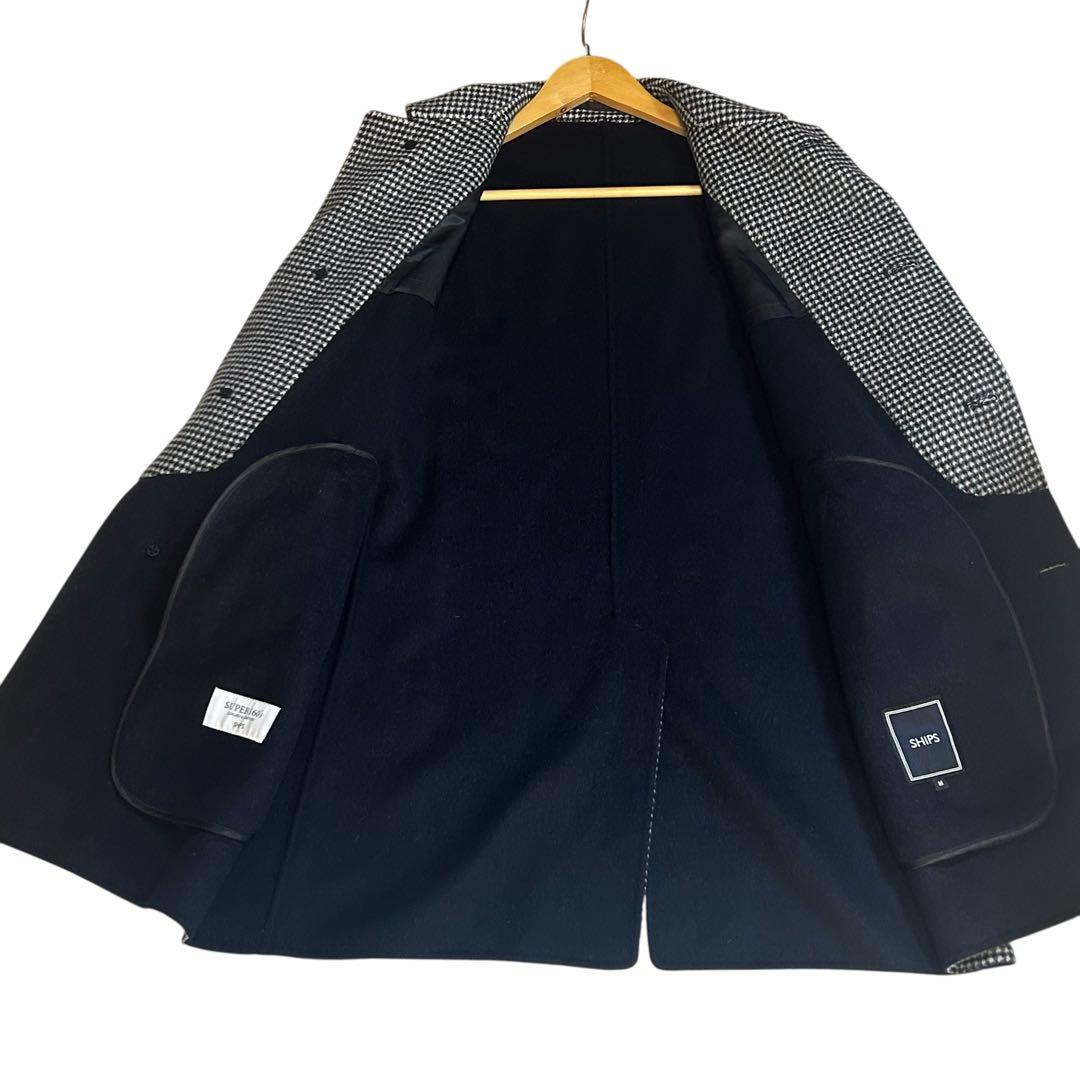 ma- シップス SUPER160s 千鳥格子 ウールステンカラーコートM