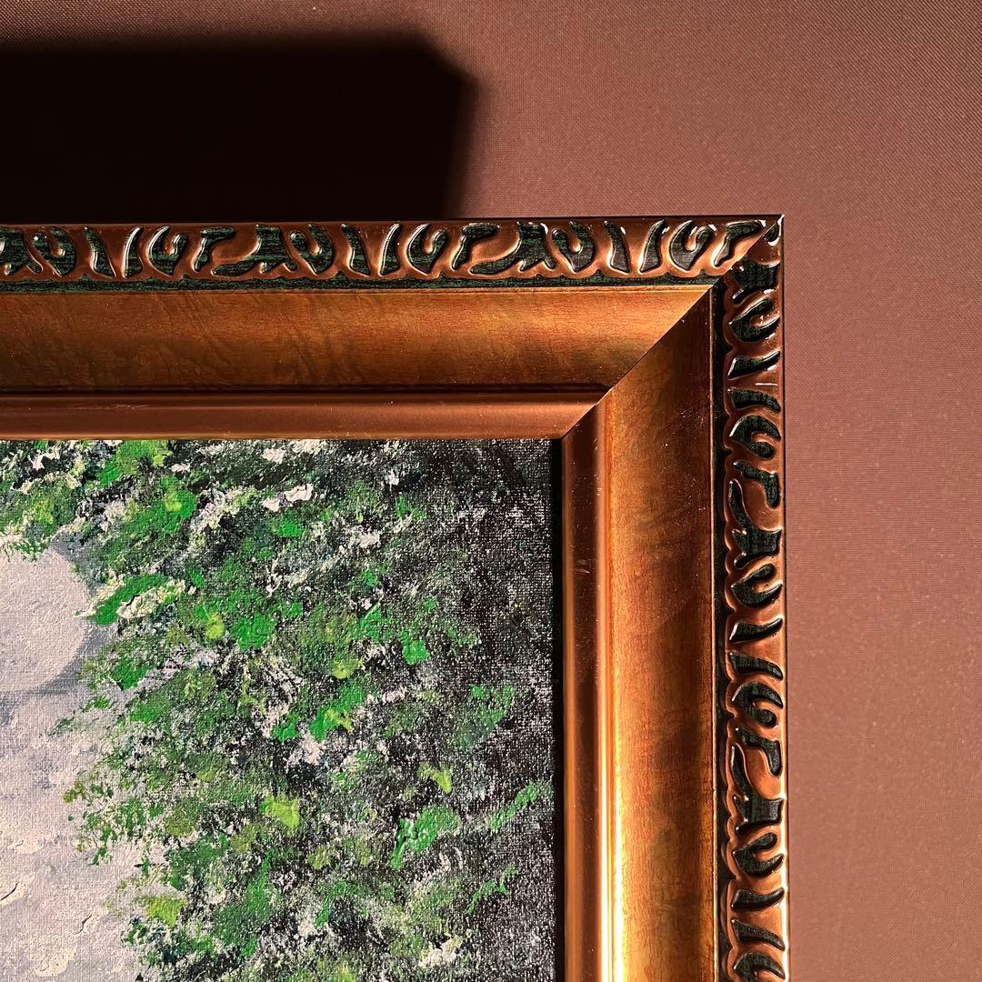 手書き油絵 緑月 額付 肉筆絵画 インテリア 油彩画