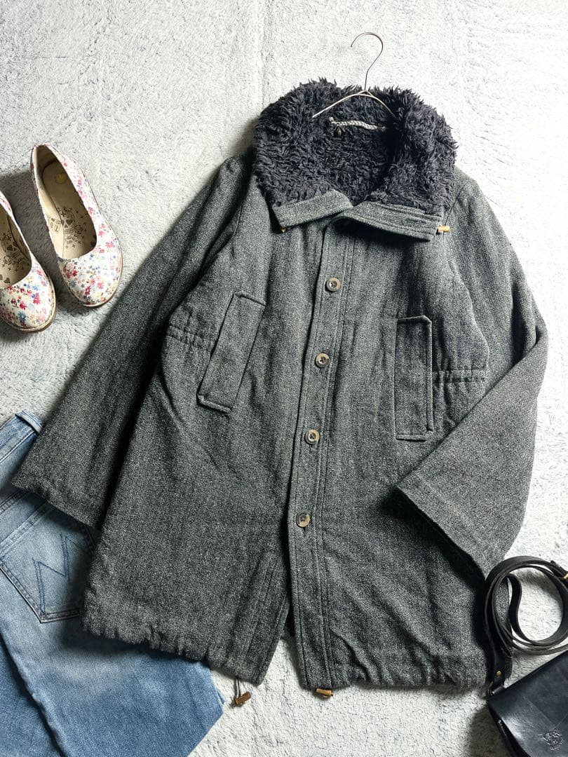 【45R】綿100% 裏ボア ドロストコード インディゴスタンドカラーコート