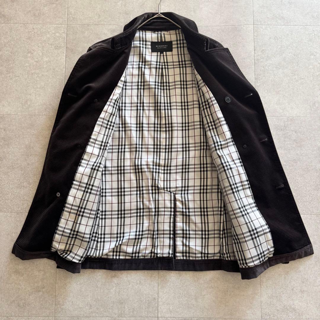 バーバリーブラックレーベル　ピーコート　千鳥格子　濃茶　ダブル　L　ベロア
