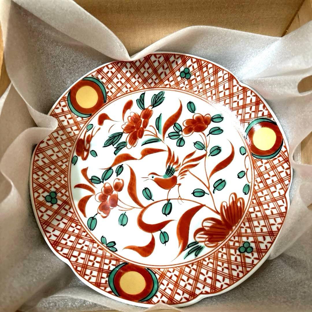 新品 たち吉 橘吉 赤絵花鳥 中皿5枚 木箱付 金彩丸紋 呉須赤絵 古伊万里色絵