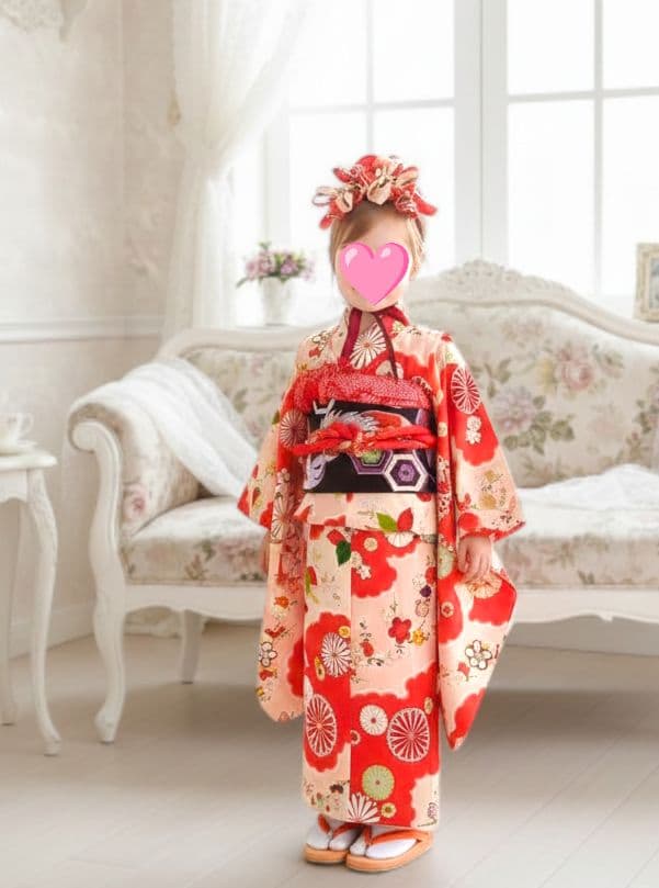 アンティークピンククリームオレンジの着物と作り帯フルセット☆2歳から3歳