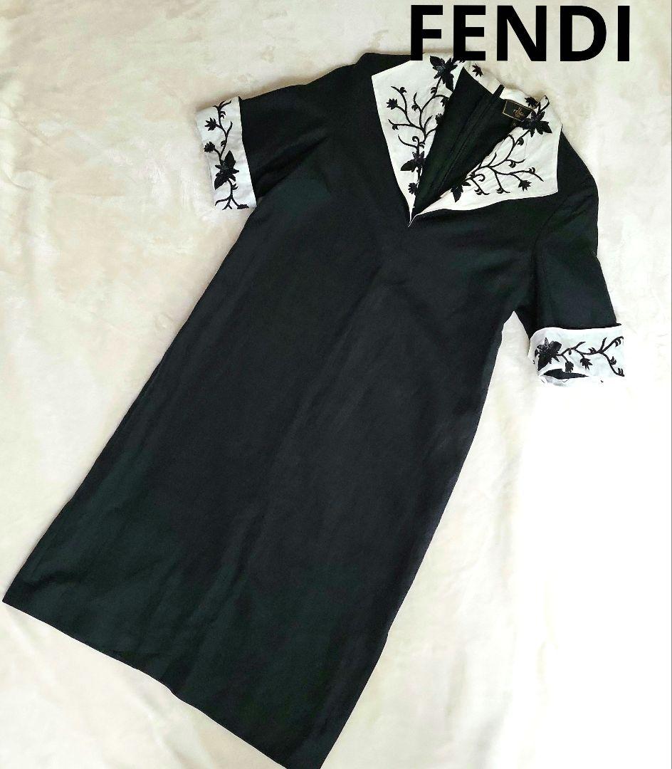 【FENDI 】麻　スパンコール、刺繍ワンピース