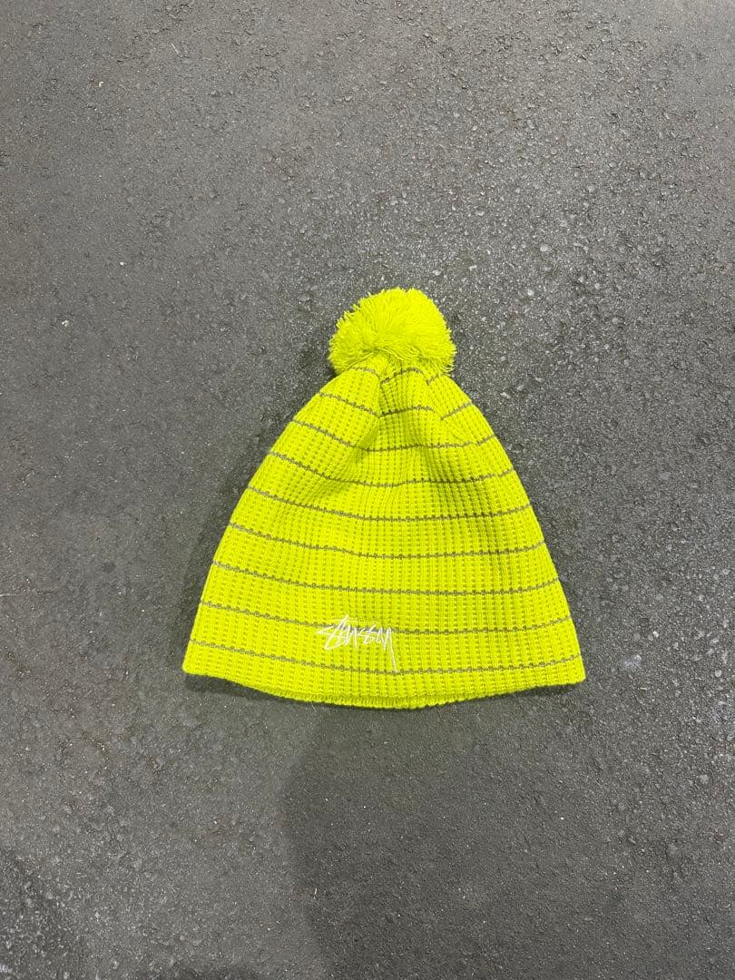 old stussy beanie ボンボンニット帽 y2k 刺繍ロゴ レア
