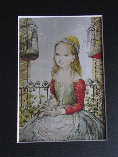 藤田嗣治、【Petite Fille au pigeon】、希少な額装用画集より
