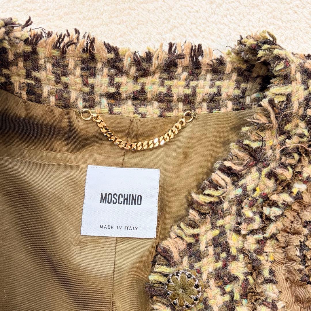 ❁ MOSCHINO ツイードロングコート フリンジ イタリア性 ノーカラー