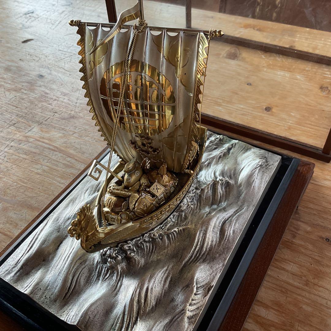 銀製 刻印 宝船 船重量 約346g 置物 ガラスケース付