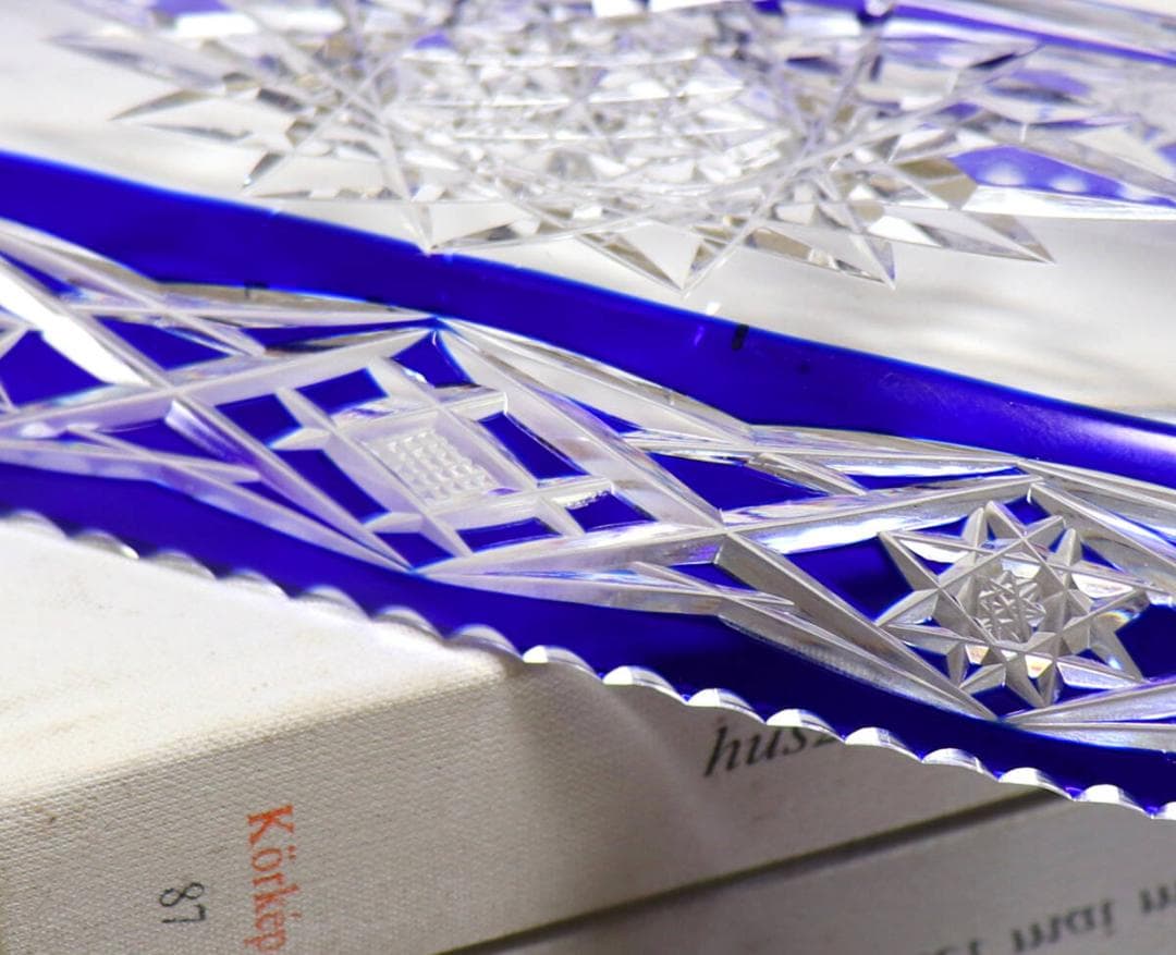 オールド・バカラ 上級作品 青色装飾 長皿 切子 24.4cm 大型 プレート