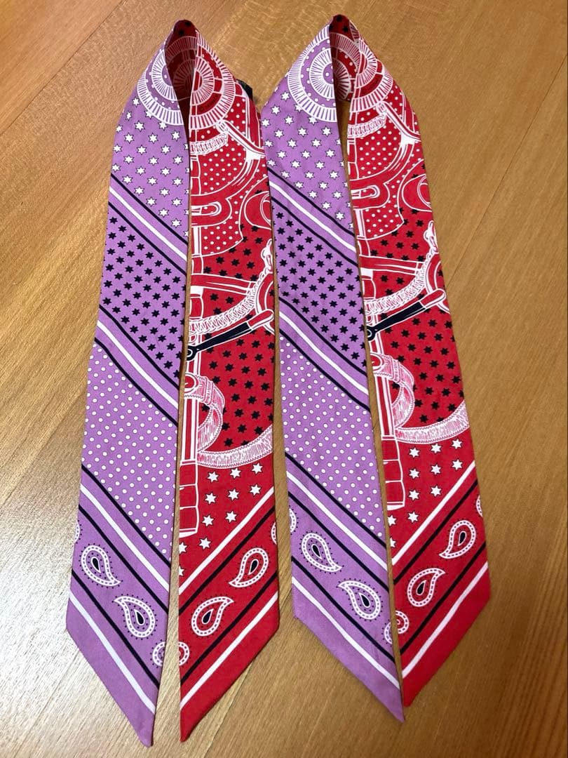 HERMES ツイリー　2本組　バンダナ柄　赤ピンク系