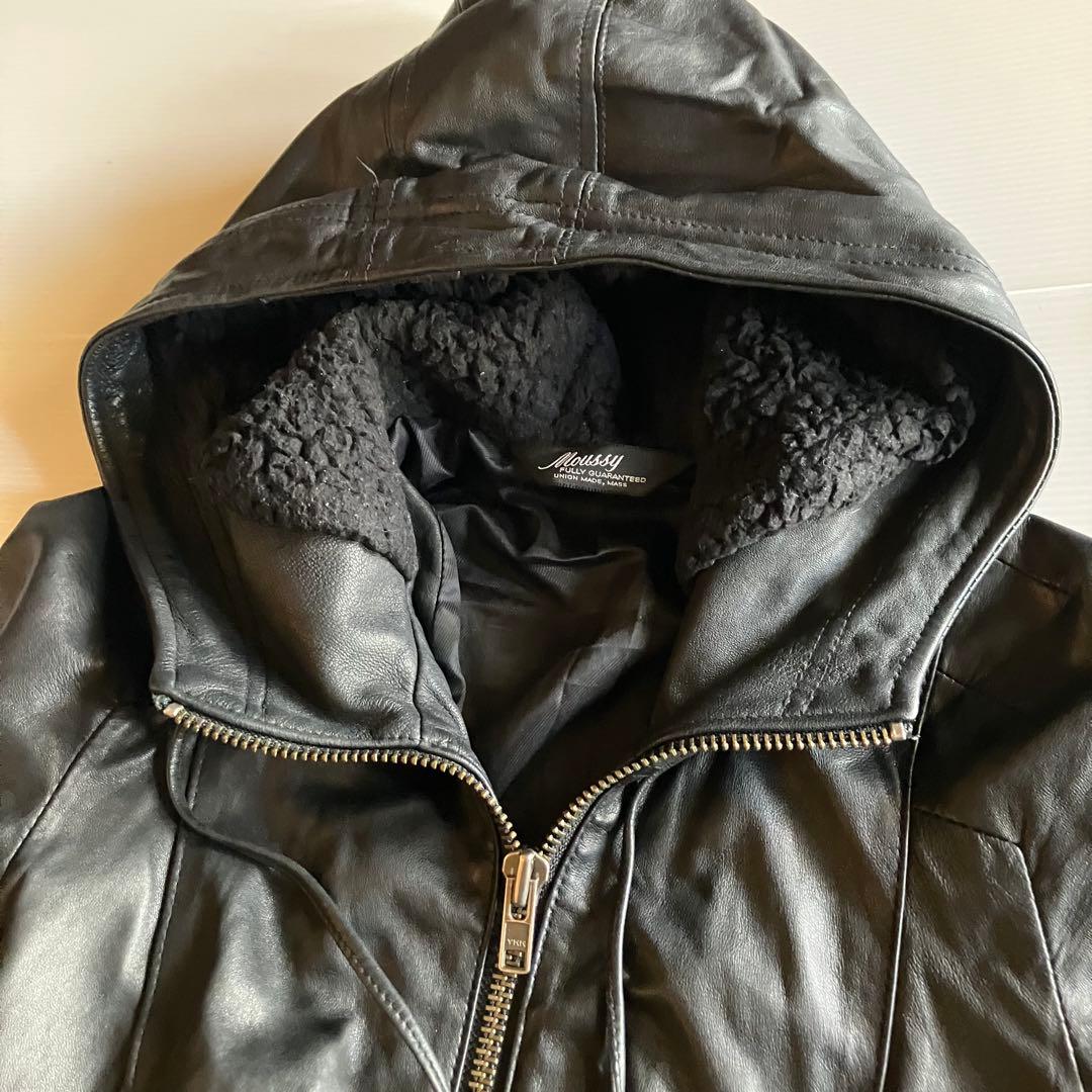 00s archive MOUSSY フード羊革レザーライダースジャケット黒2