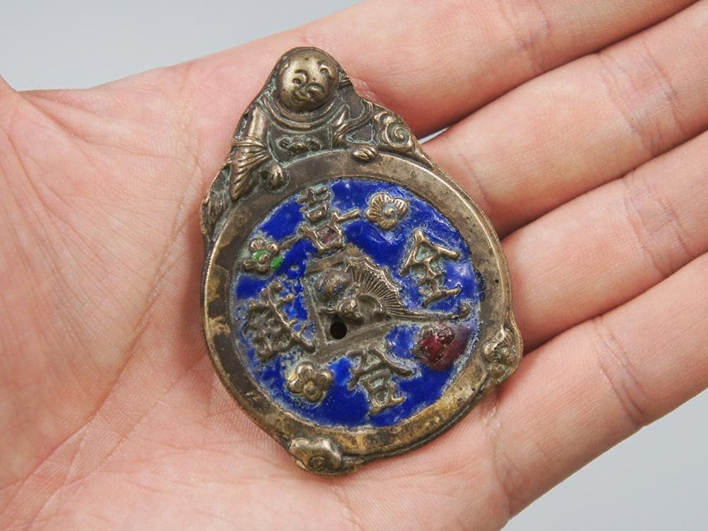 【銀】　★ 民俗 銀焼藍花銭式長命鎖 ★　清朝期　子供 古銭 彫刻文様　雅玩雑項