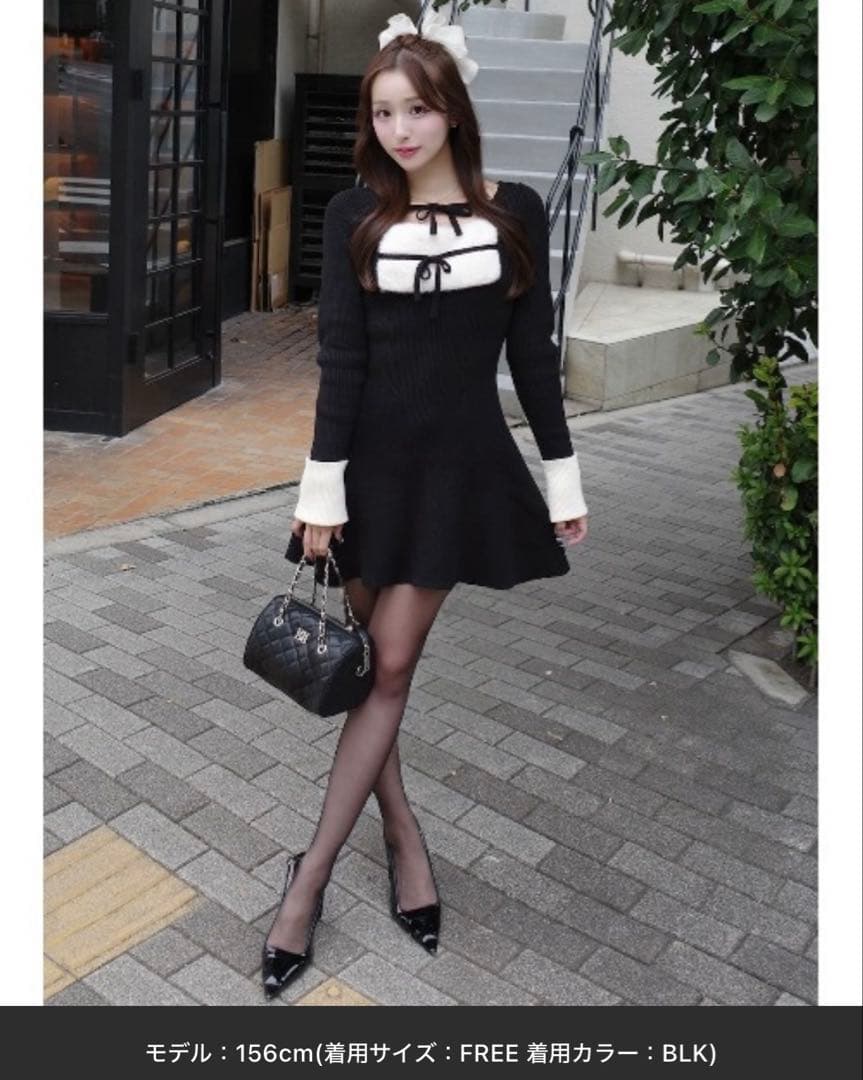 Darich リボンファーフレアニットミニワンピース FLサイズ ブラック